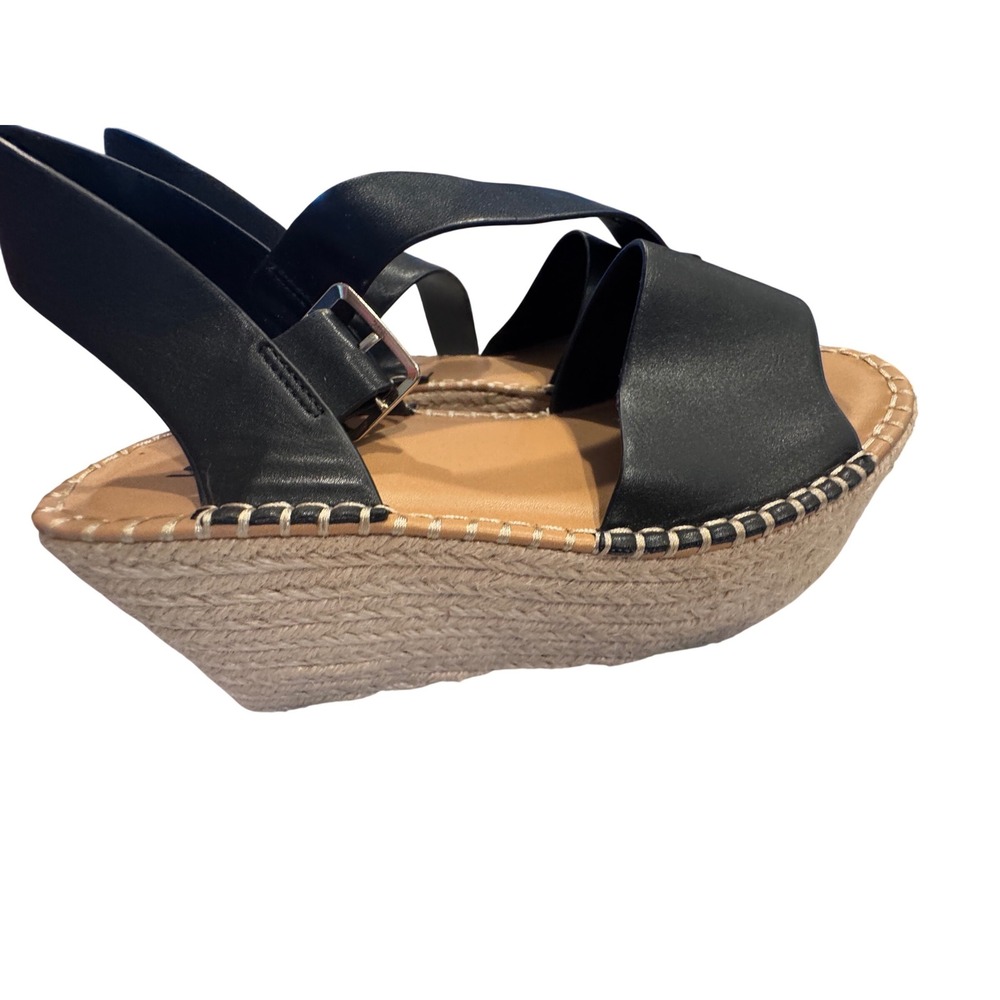 Soda Black Faux Leather Espadrille Wedge Sandals Whipstitch Ankle Strap 6.5